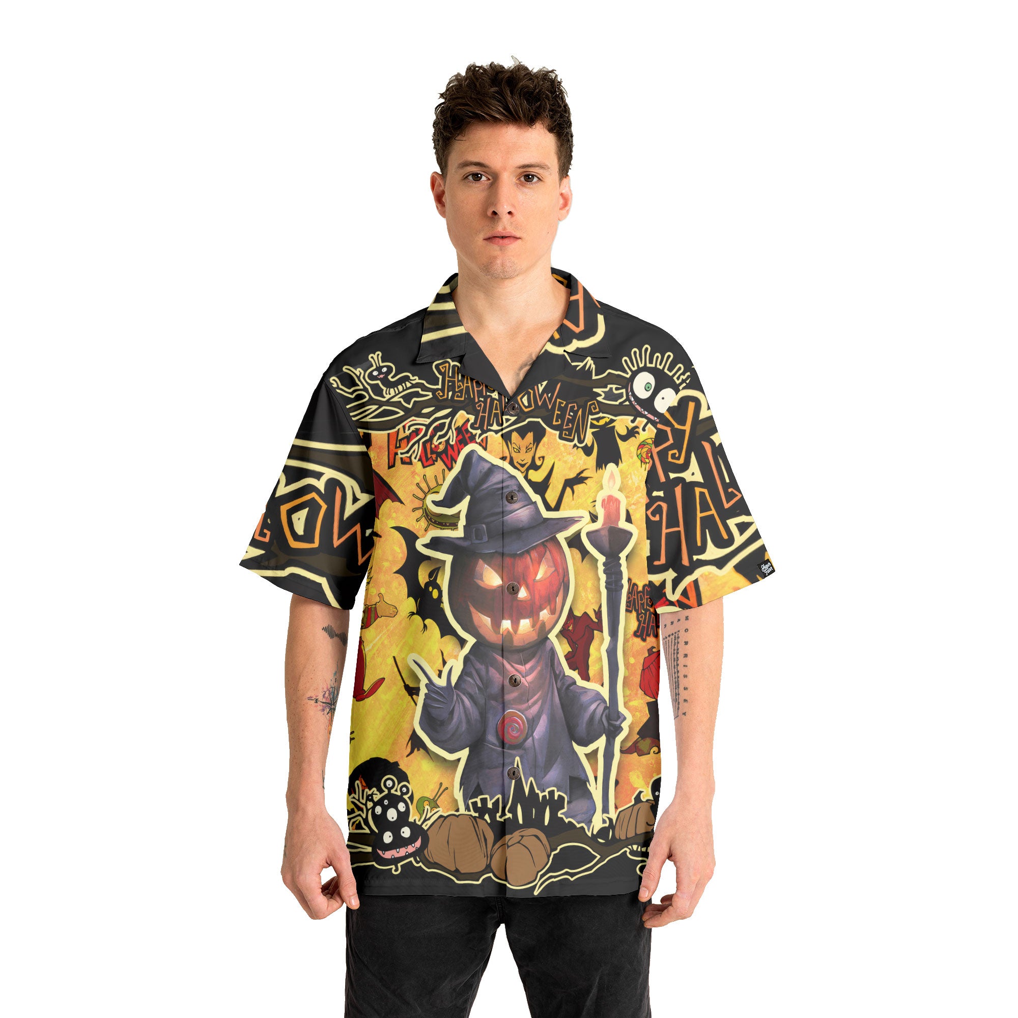 Cartoon Halloween Illustration Pumpkin Wizard Hawaiian Shirt - HYPERFAVOR