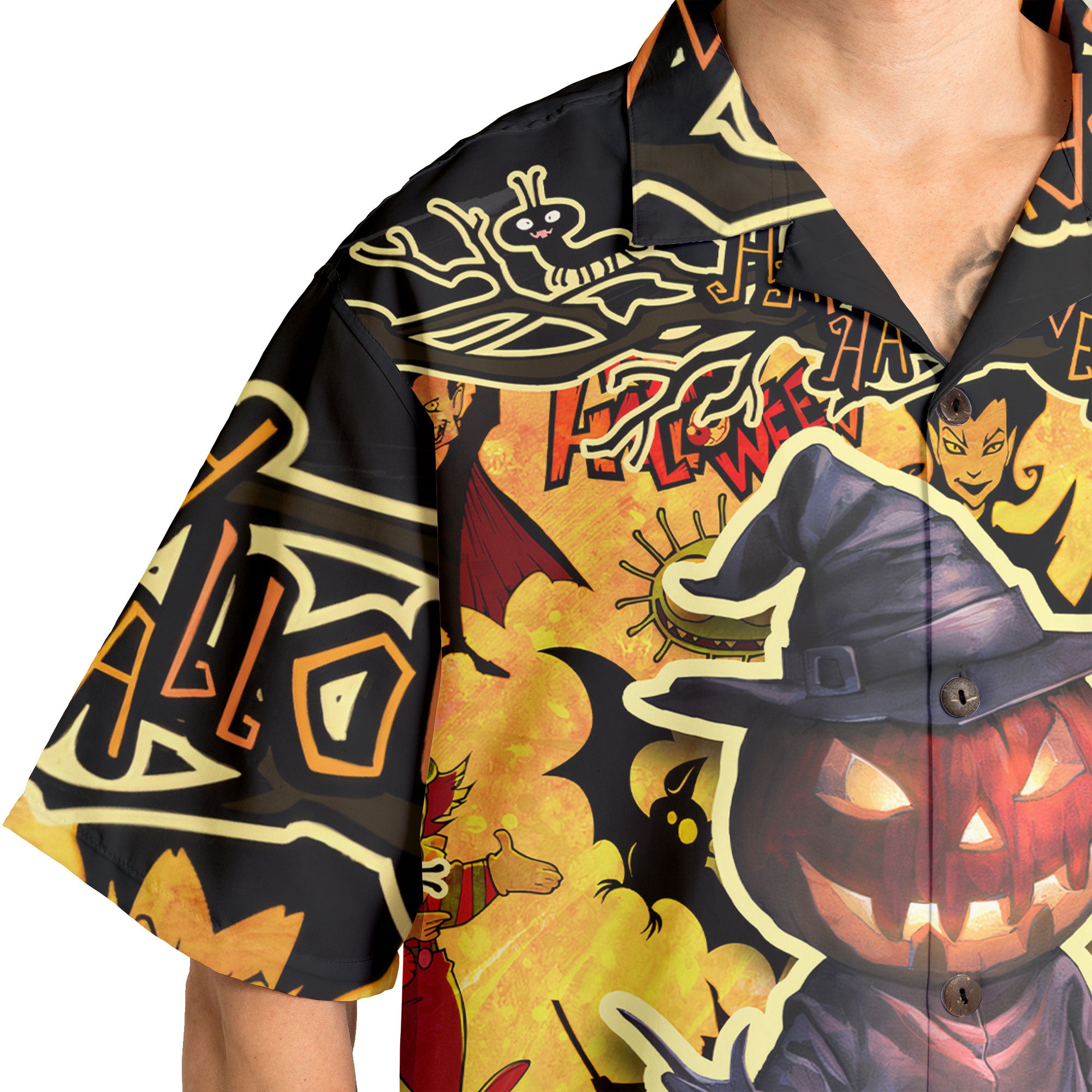 Cartoon Halloween Illustration Pumpkin Wizard Hawaiian Shirt - HYPERFAVOR