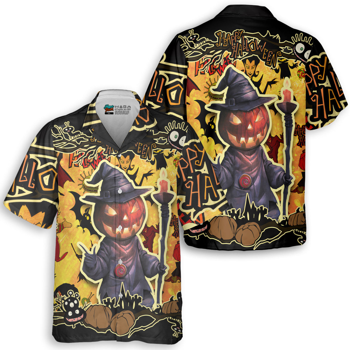 Cartoon Halloween Illustration Pumpkin Wizard Hawaiian Shirt - HYPERFAVOR