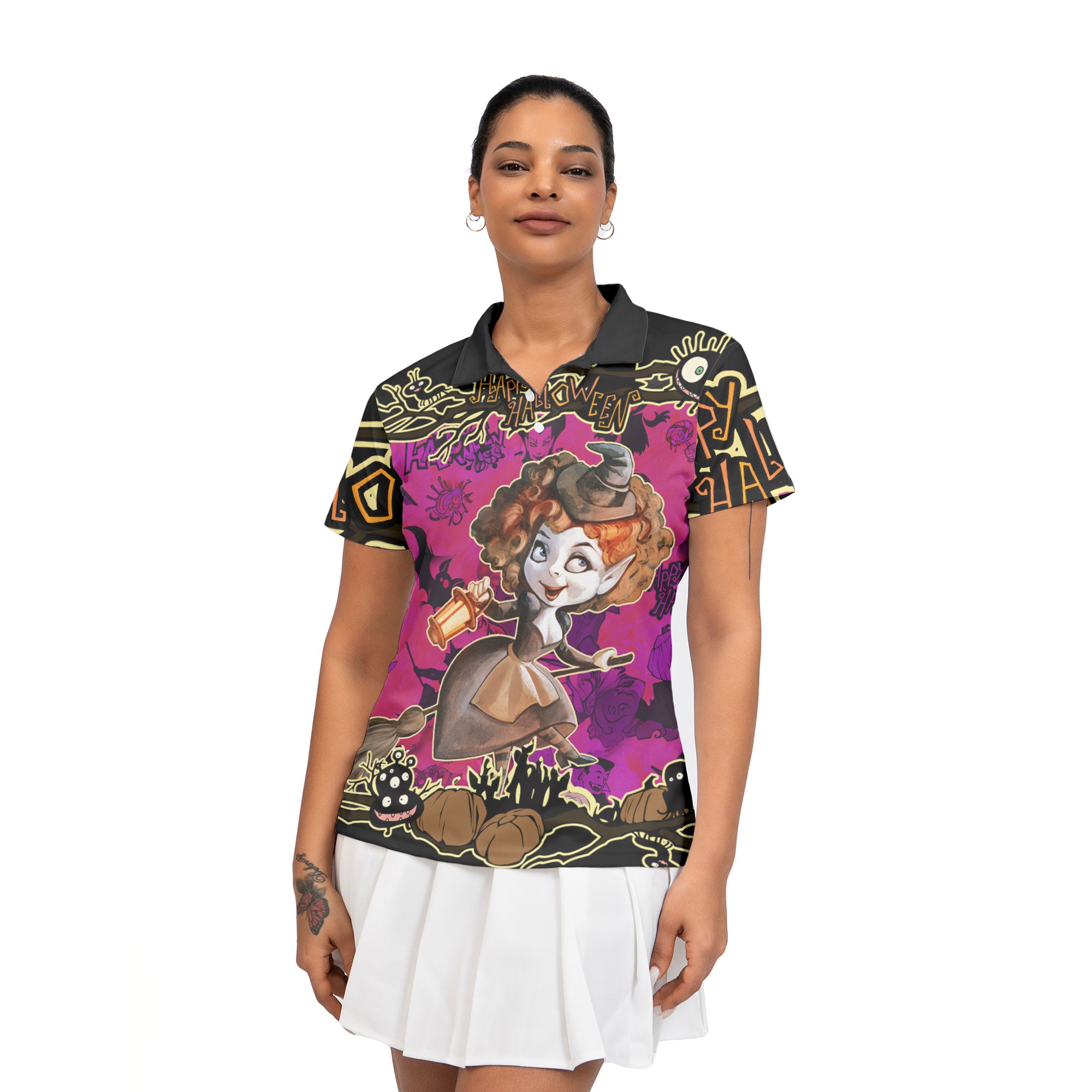 Cartoon Halloween Illustration Witch Purple Woman Polo Shirt - HYPERFAVOR