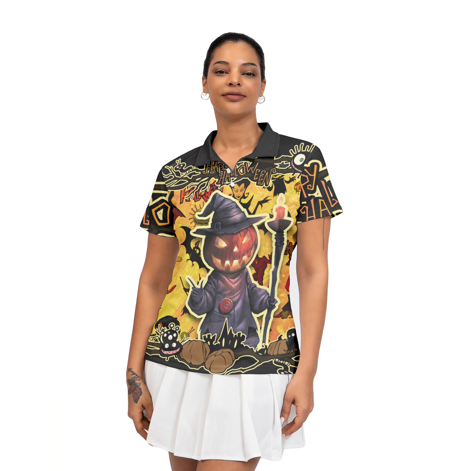 Cartoon Halloween Illustration Pumpkin Wizard Woman Polo Shirt - HYPERFAVOR