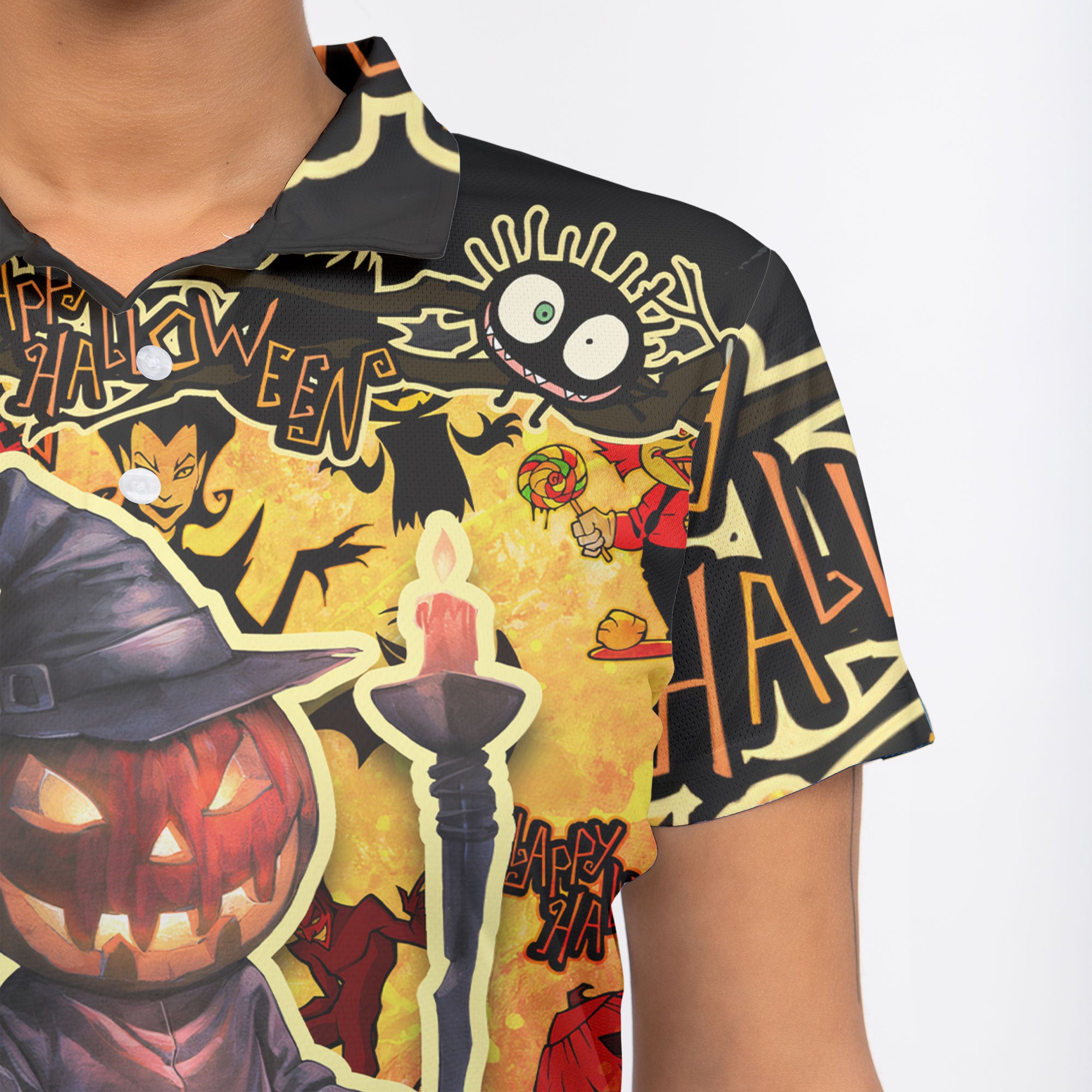 Cartoon Halloween Illustration Pumpkin Wizard Woman Polo Shirt - HYPERFAVOR