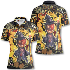 Cartoon Halloween Illustration Pumpkin Wizard Woman Polo Shirt - HYPERFAVOR