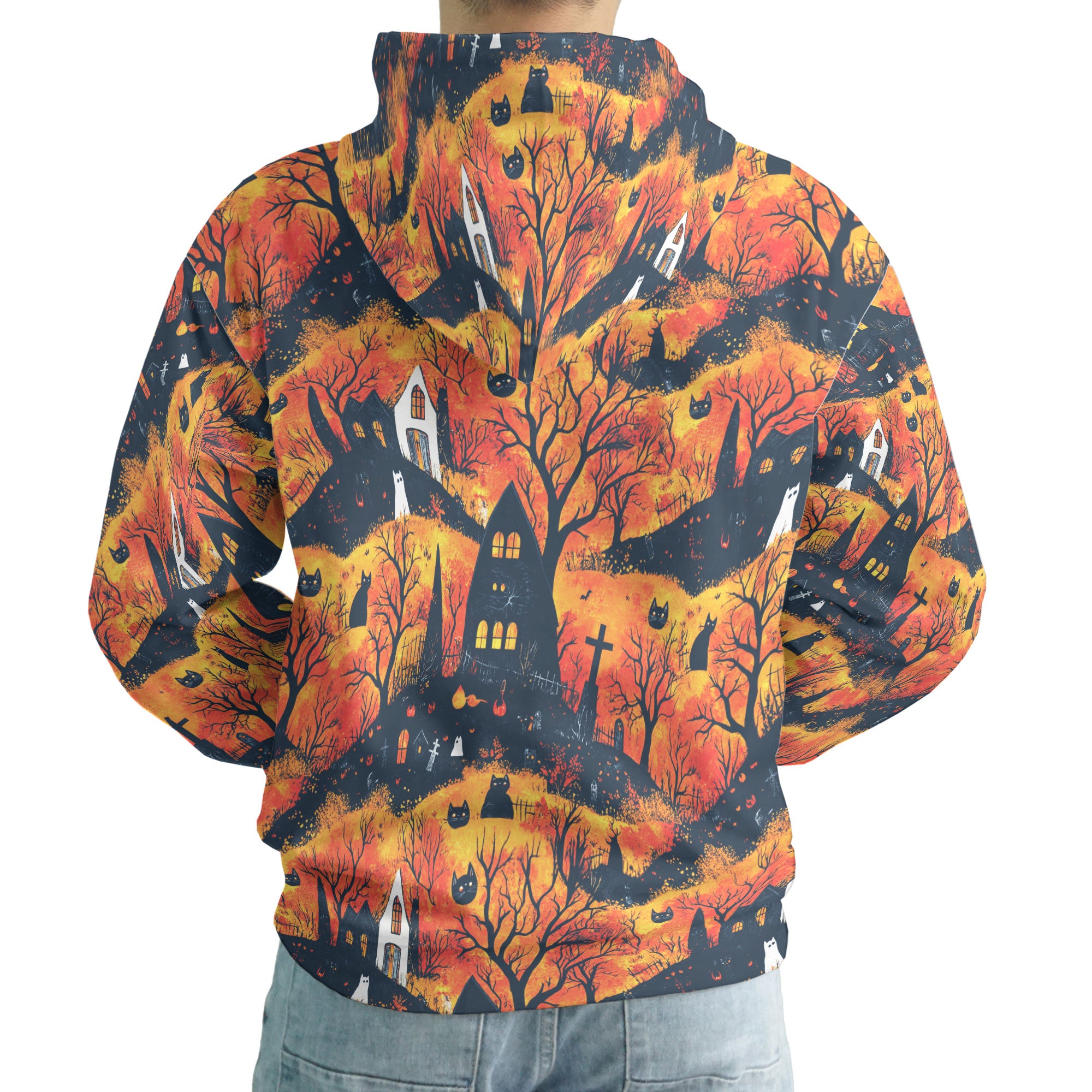 Cat And Castle Silhouette Orange Halloween Hoodie - HYPERFAVOR