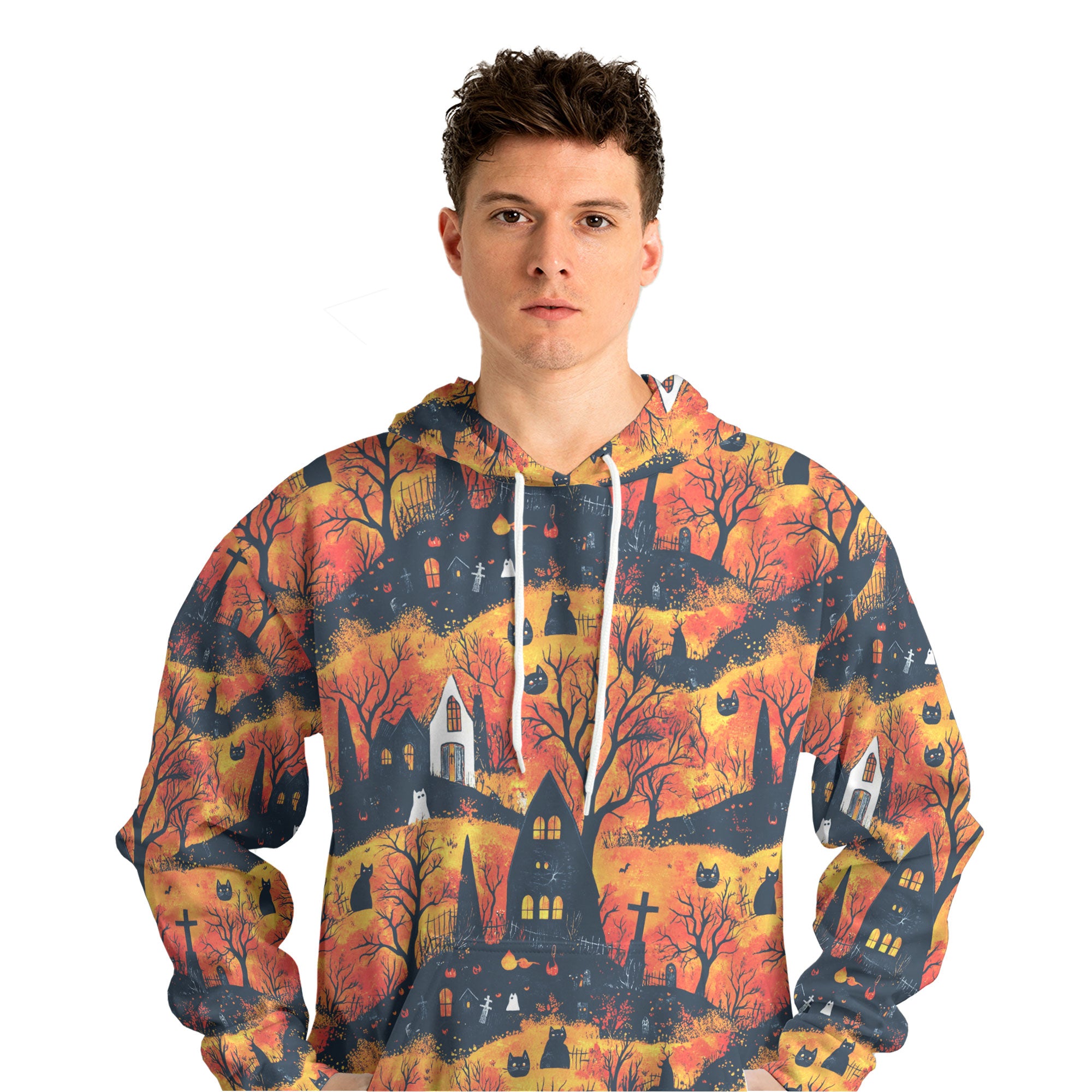 Cat And Castle Silhouette Orange Halloween Hoodie - HYPERFAVOR