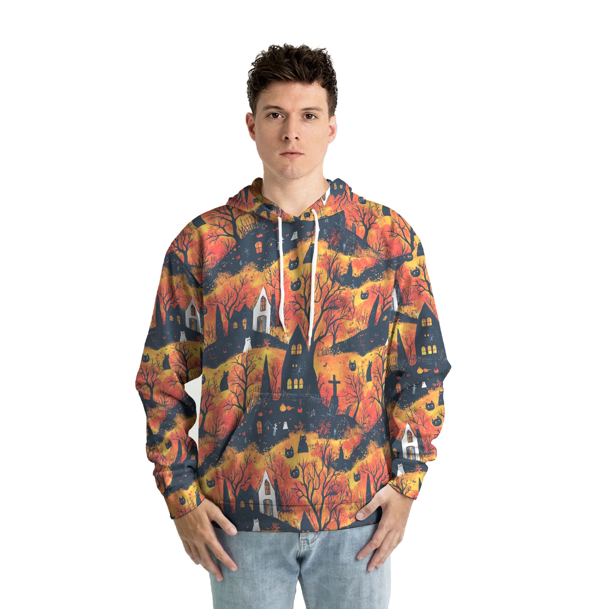 Cat And Castle Silhouette Orange Halloween Hoodie - HYPERFAVOR