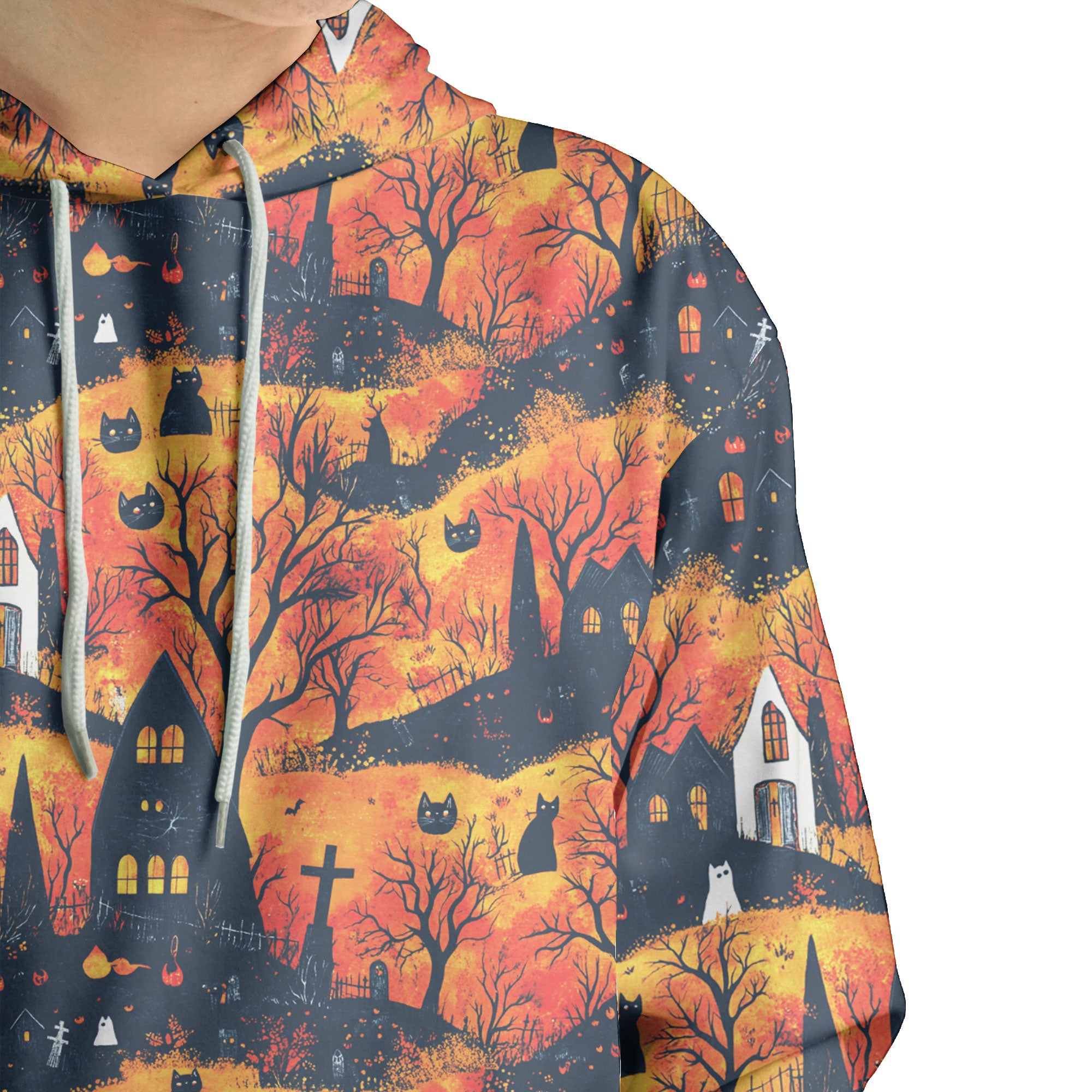 Cat And Castle Silhouette Orange Halloween Hoodie - HYPERFAVOR