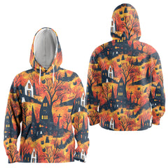 Cat And Castle Silhouette Orange Halloween Hoodie - HYPERFAVOR