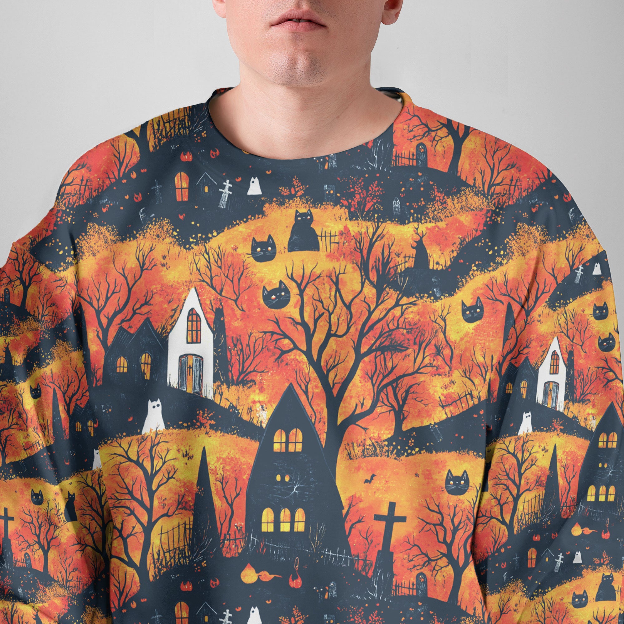 Cat And Castle Silhouette Orange Halloween Sweatshirt - HYPERFAVOR