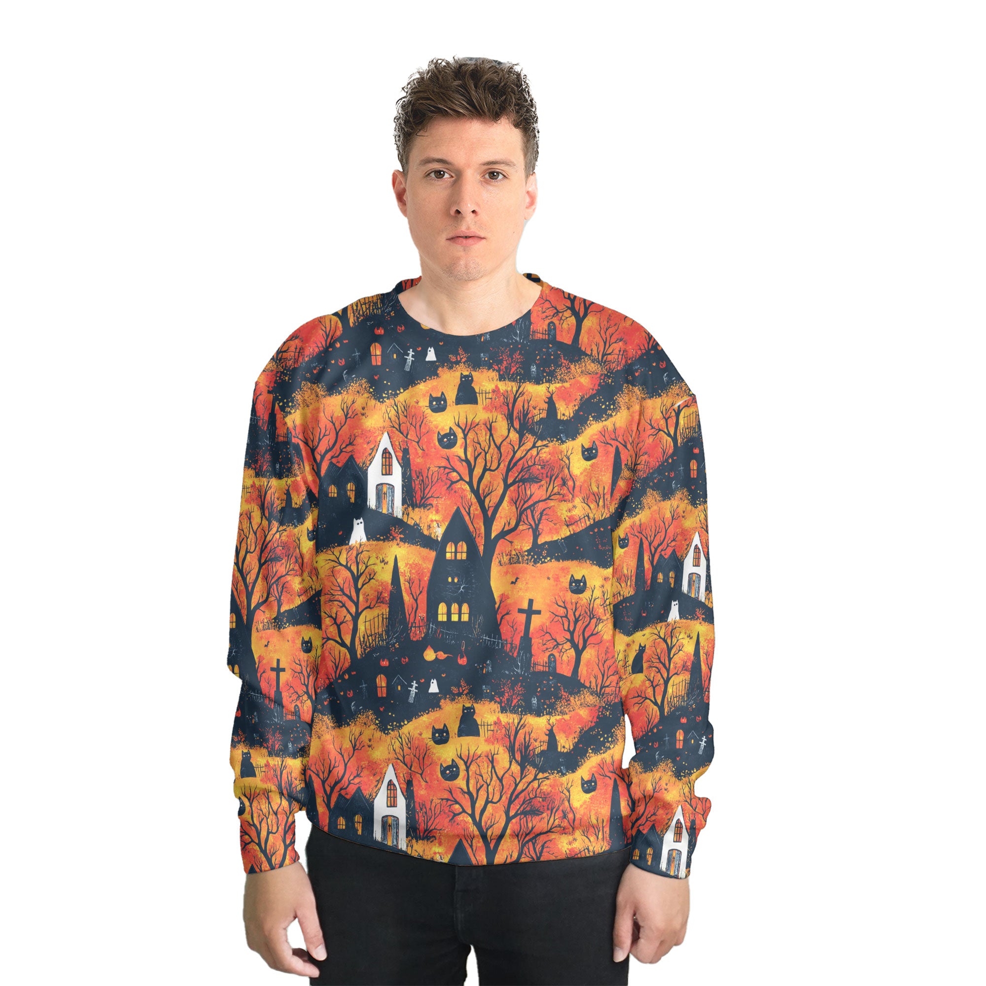 Cat And Castle Silhouette Orange Halloween Sweatshirt - HYPERFAVOR