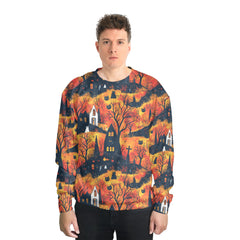 Cat And Castle Silhouette Orange Halloween Sweatshirt - HYPERFAVOR