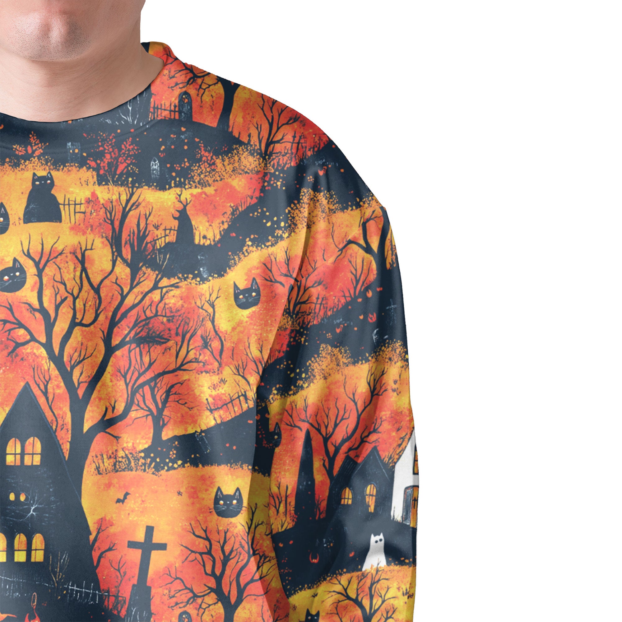 Cat And Castle Silhouette Orange Halloween Sweatshirt - HYPERFAVOR