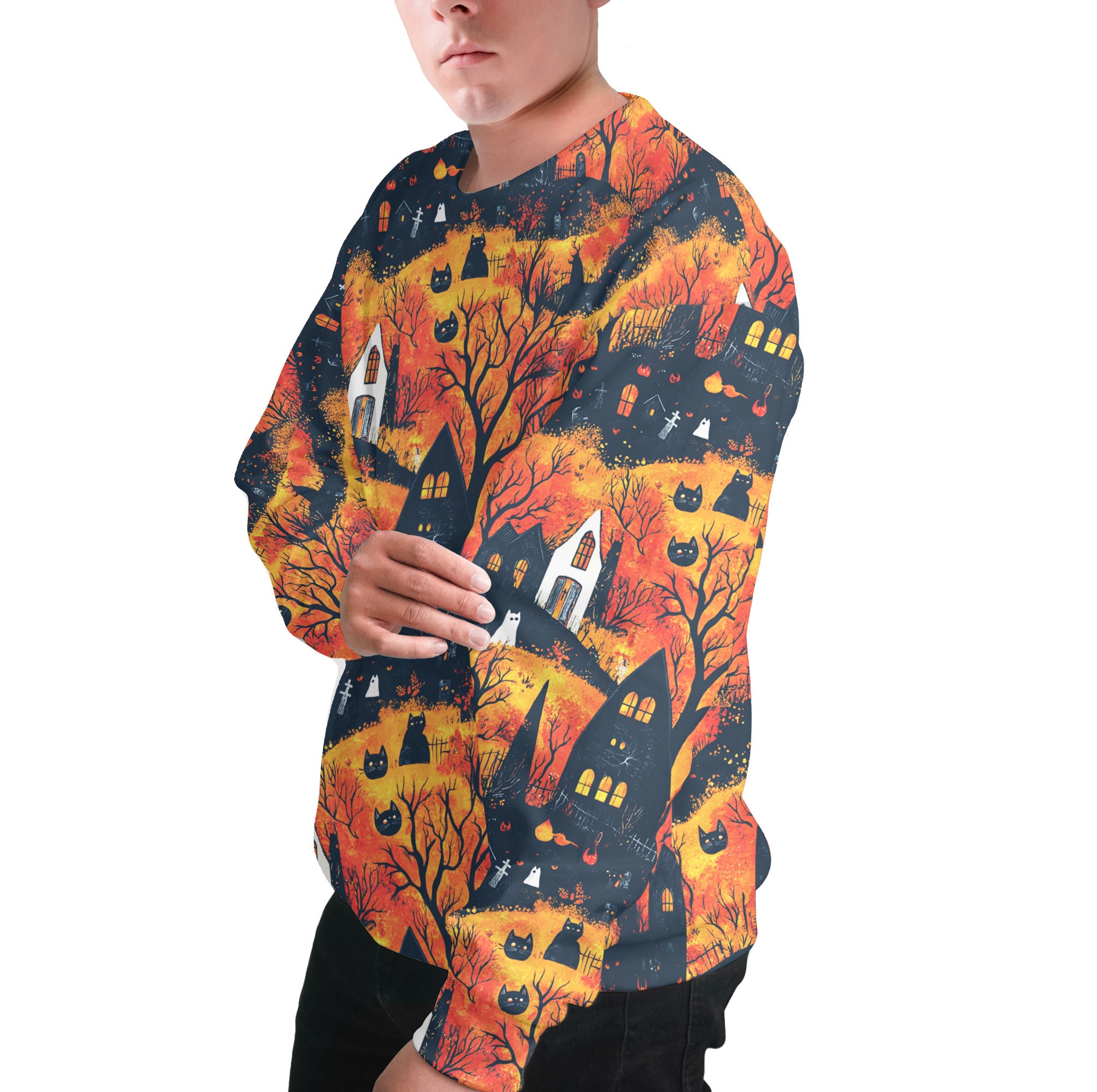 Cat And Castle Silhouette Orange Halloween Sweatshirt - HYPERFAVOR