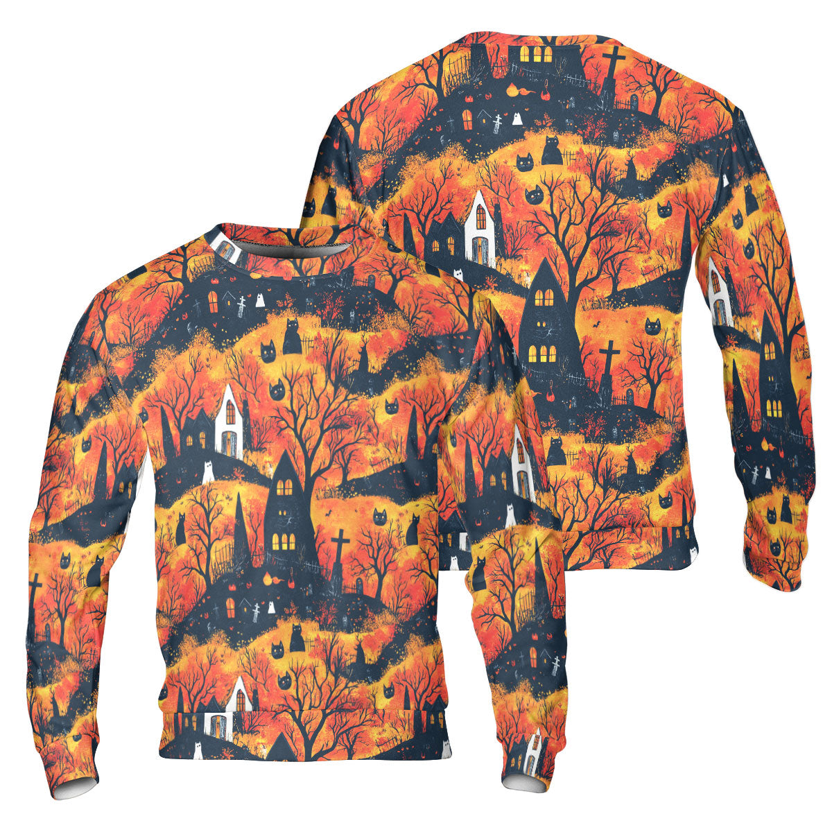 Cat And Castle Silhouette Orange Halloween Sweatshirt - HYPERFAVOR