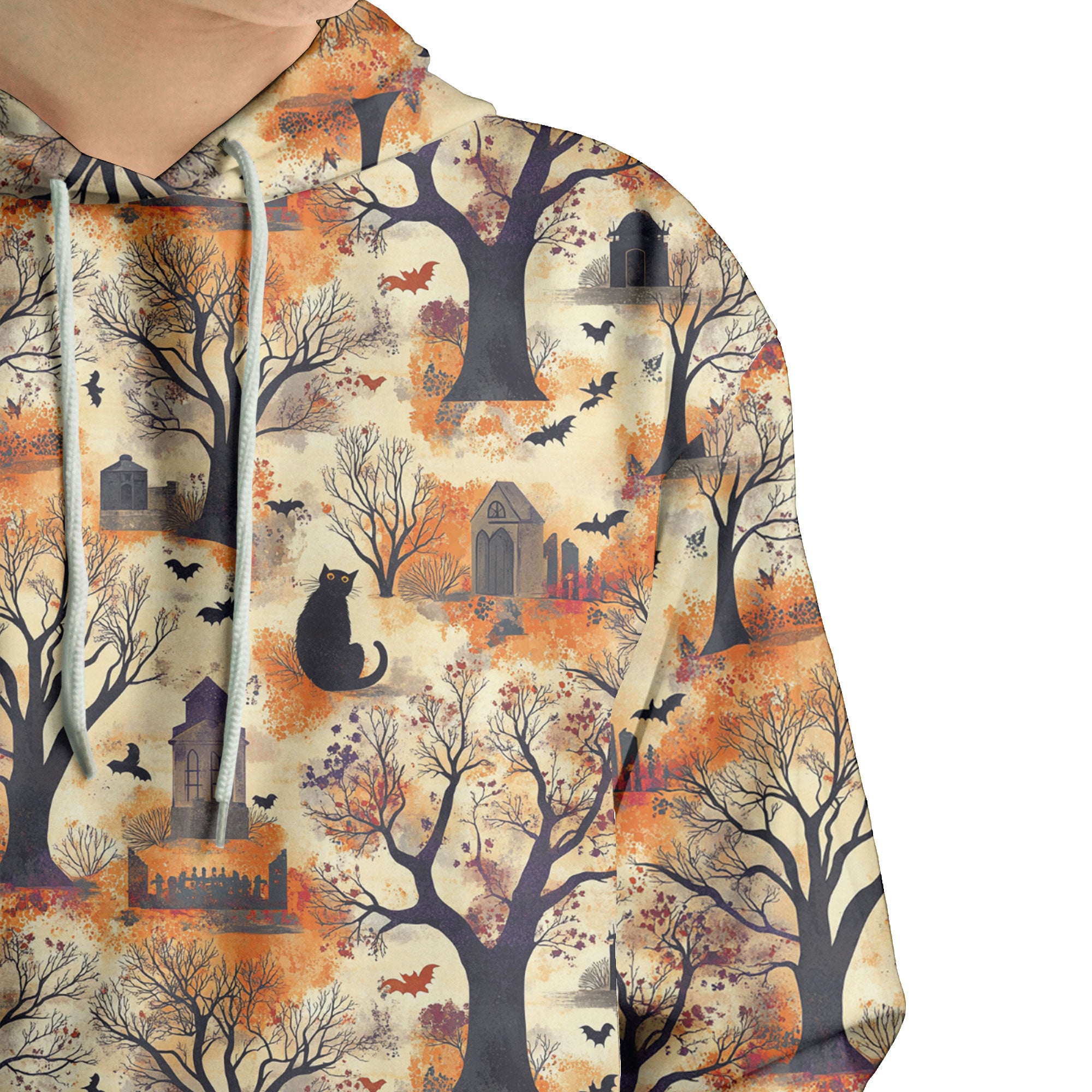 Cat And Graveyard Halloween Pattern Hoodie - HYPERFAVOR