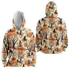 Cat And Graveyard Halloween Pattern Hoodie - HYPERFAVOR