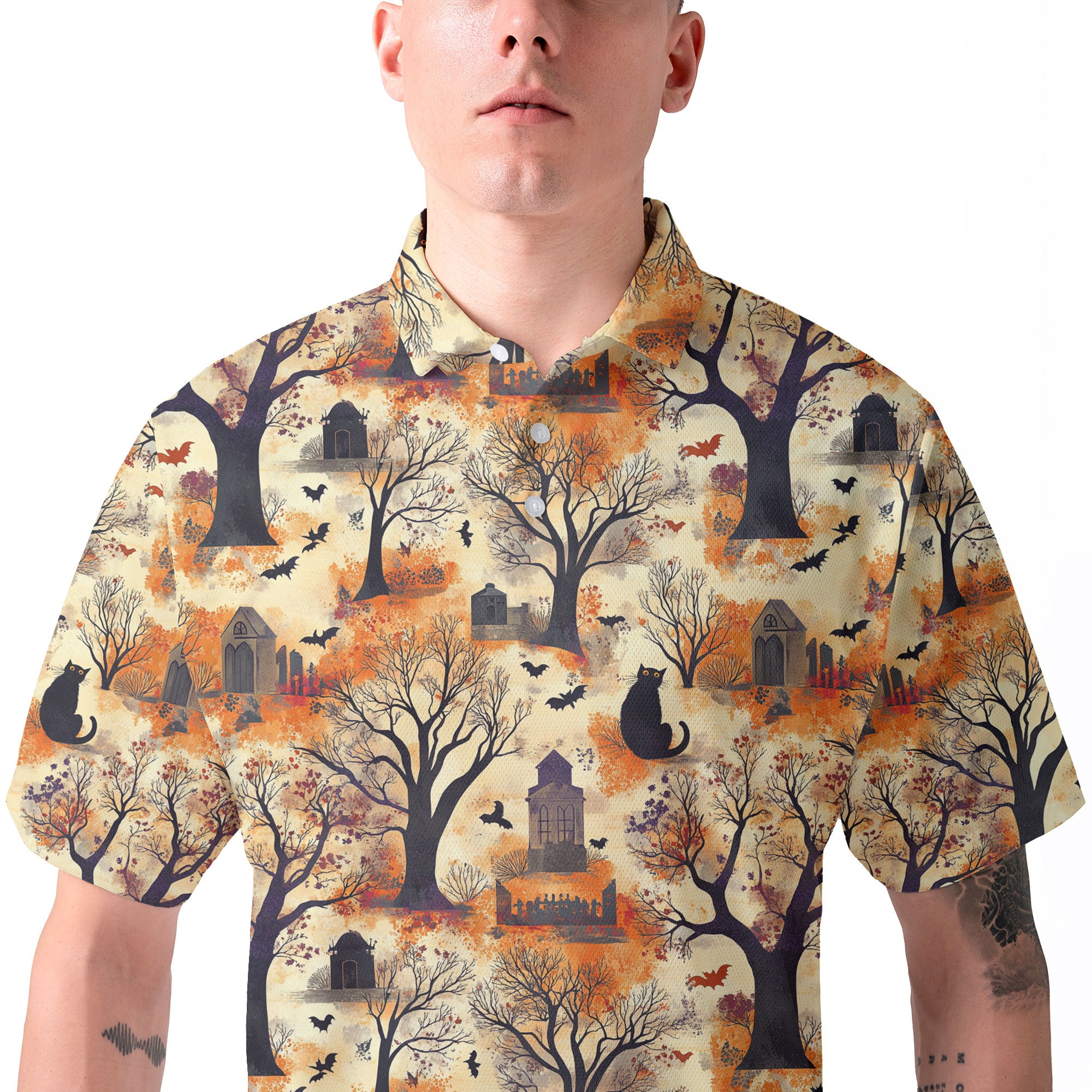 Cat And Graveyard Halloween Pattern Polo Shirt - HYPERFAVOR