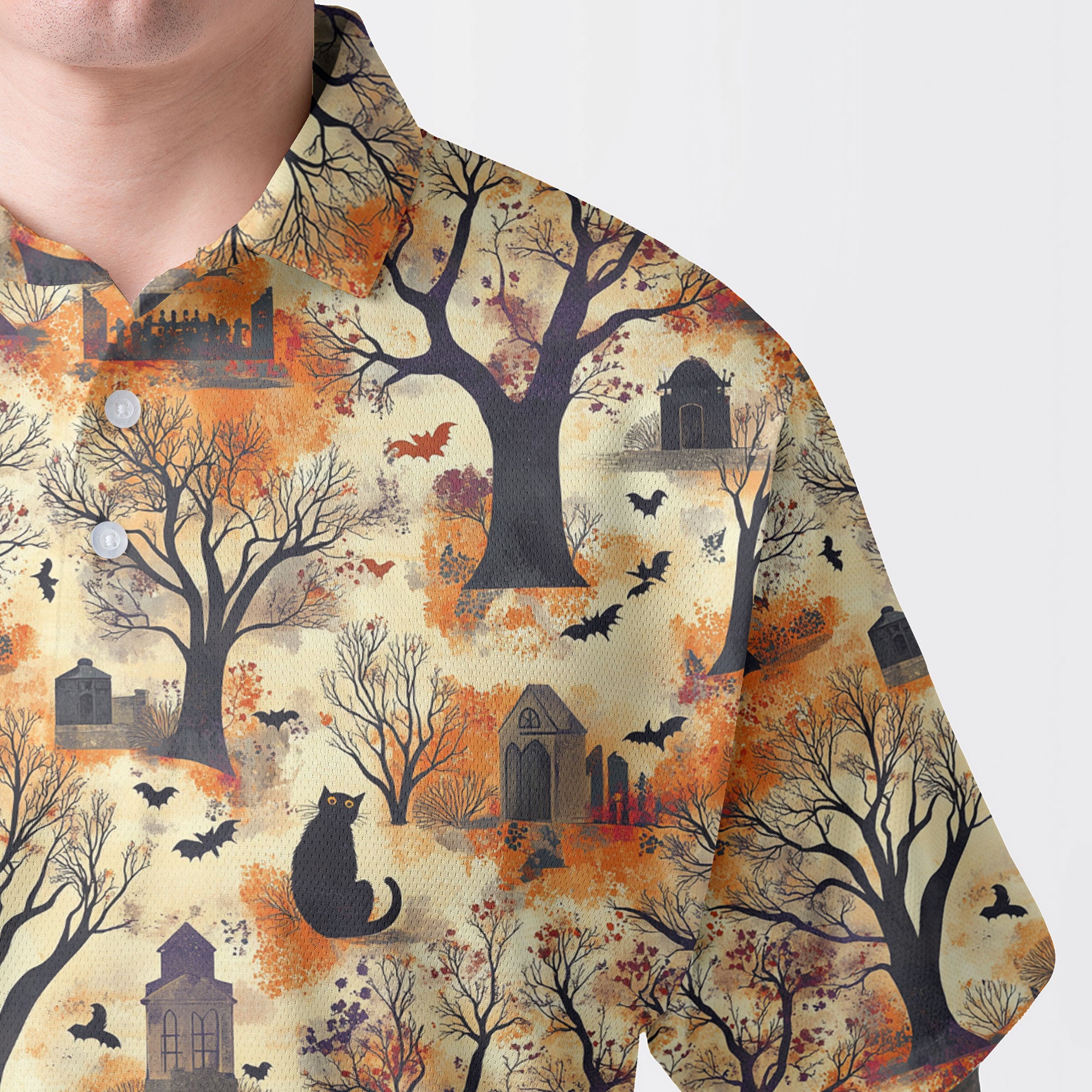 Cat And Graveyard Halloween Pattern Polo Shirt - HYPERFAVOR