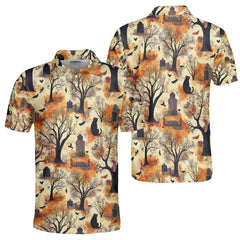 Cat And Graveyard Halloween Pattern Polo Shirt - HYPERFAVOR