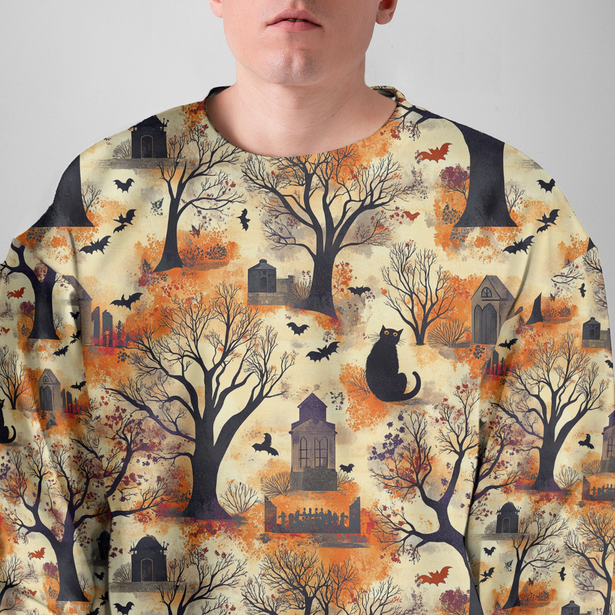 Cat And Graveyard Halloween Pattern Sweatshirt - HYPERFAVOR