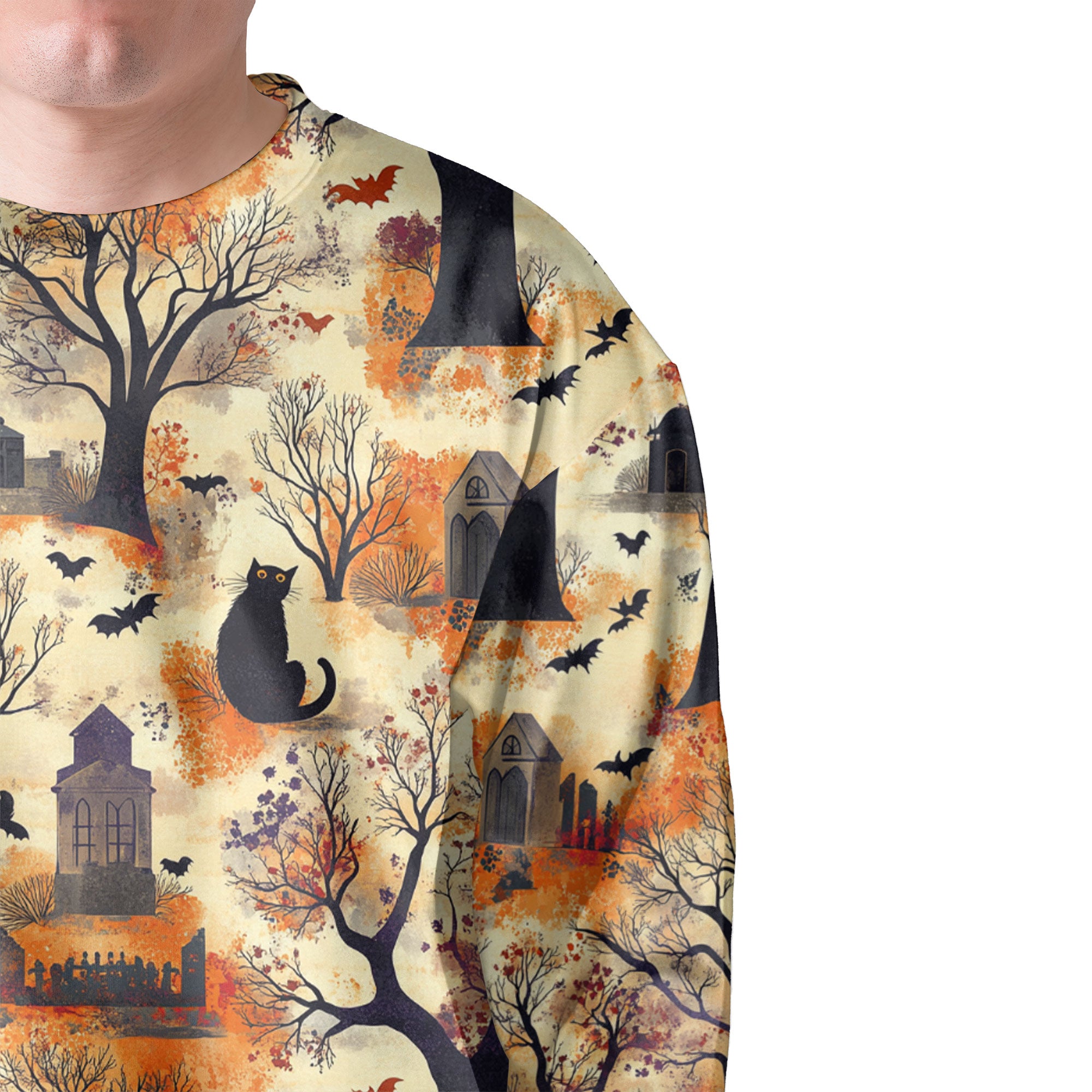 Cat And Graveyard Halloween Pattern Sweatshirt - HYPERFAVOR