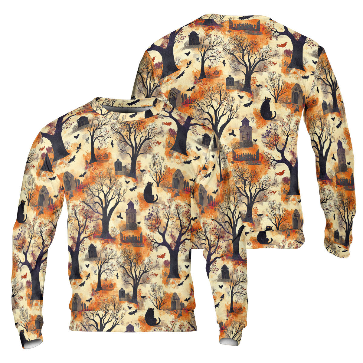 Cat And Graveyard Halloween Pattern Sweatshirt - HYPERFAVOR