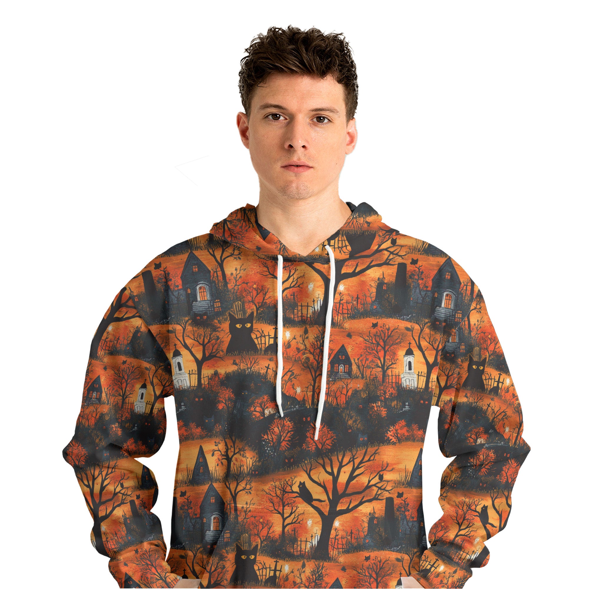 Cat & Castle Silhouette Halloween Pattern Hoodie - HYPERFAVOR