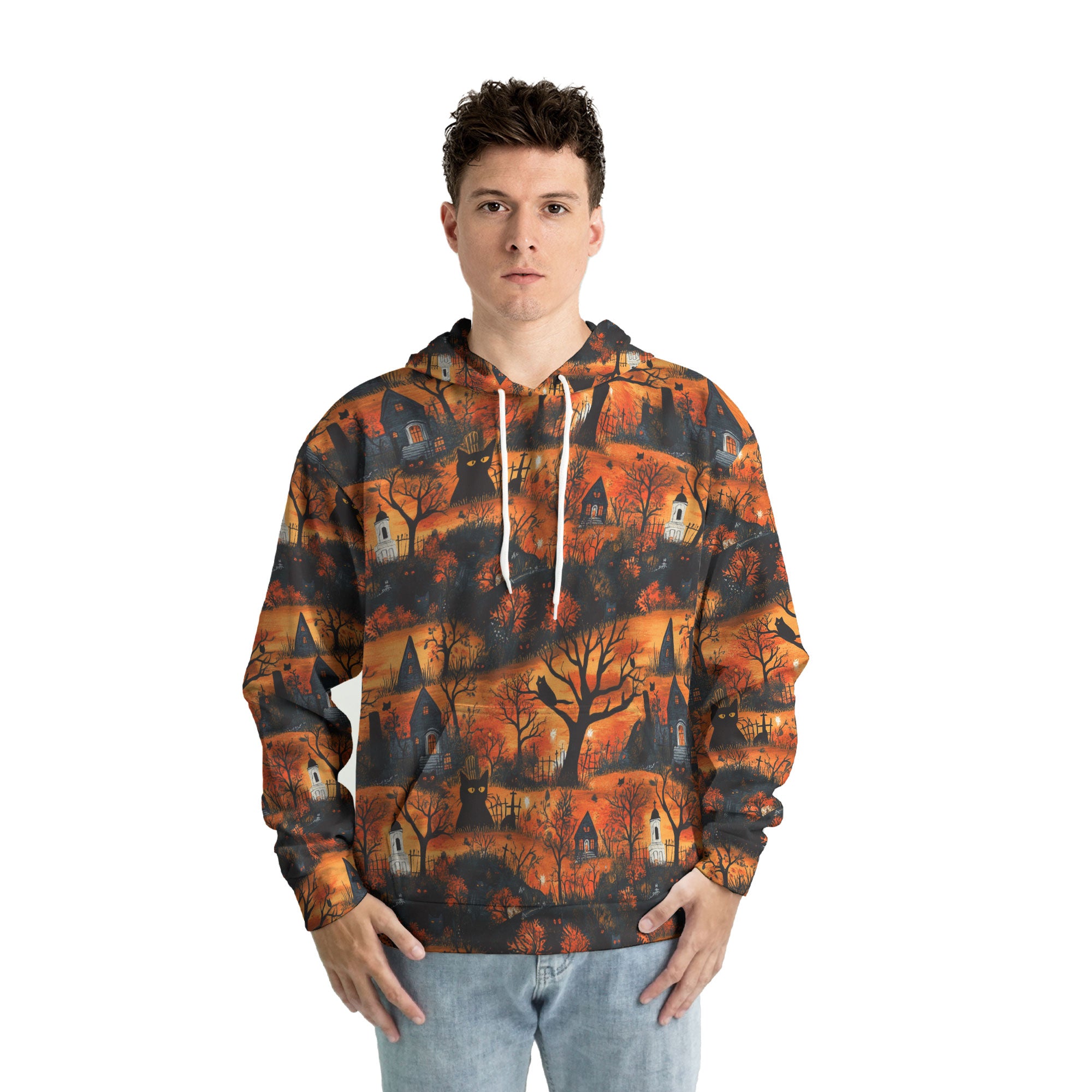 Cat & Castle Silhouette Halloween Pattern Hoodie - HYPERFAVOR