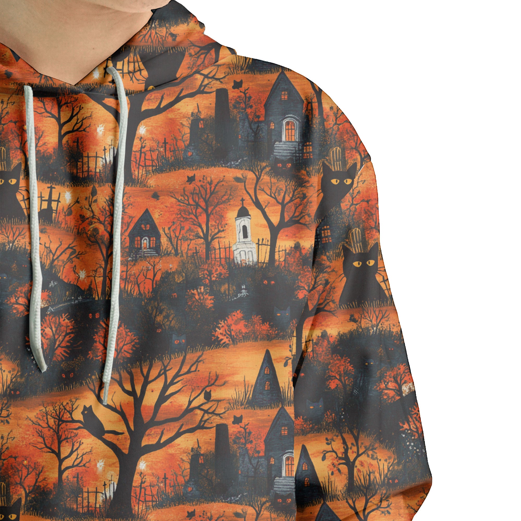 Cat & Castle Silhouette Halloween Pattern Hoodie - HYPERFAVOR