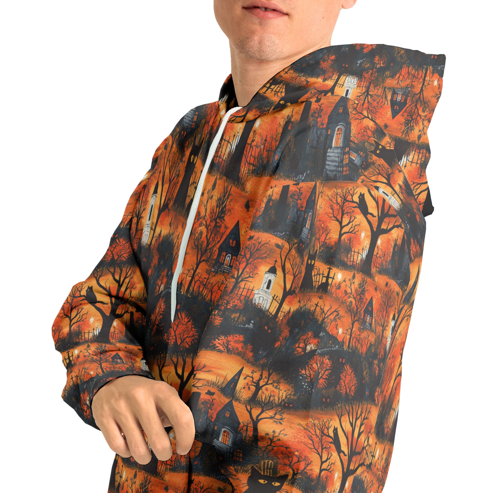 Cat & Castle Silhouette Halloween Pattern Hoodie - HYPERFAVOR