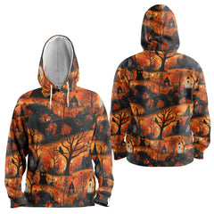 Cat & Castle Silhouette Halloween Pattern Hoodie - HYPERFAVOR