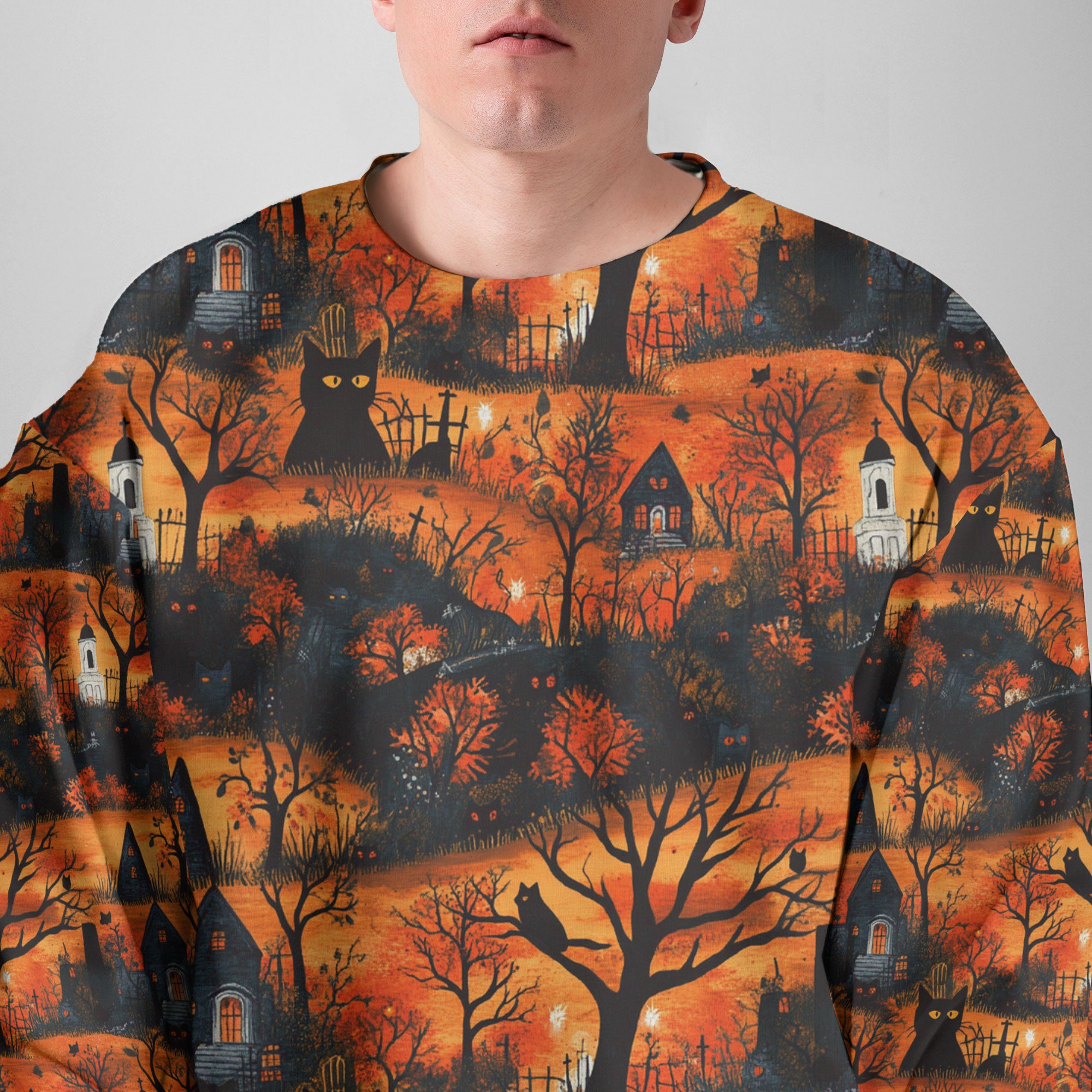 Cat & Castle Silhouette Halloween Pattern Sweatshirt - HYPERFAVOR