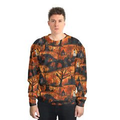 Cat & Castle Silhouette Halloween Pattern Sweatshirt - HYPERFAVOR