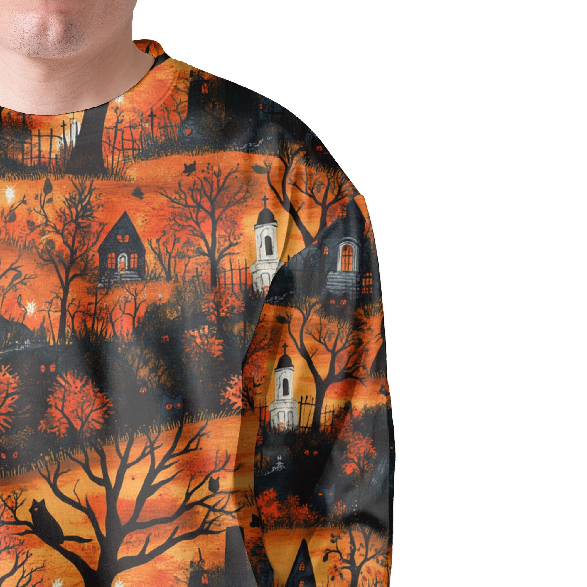 Cat & Castle Silhouette Halloween Pattern Sweatshirt - HYPERFAVOR