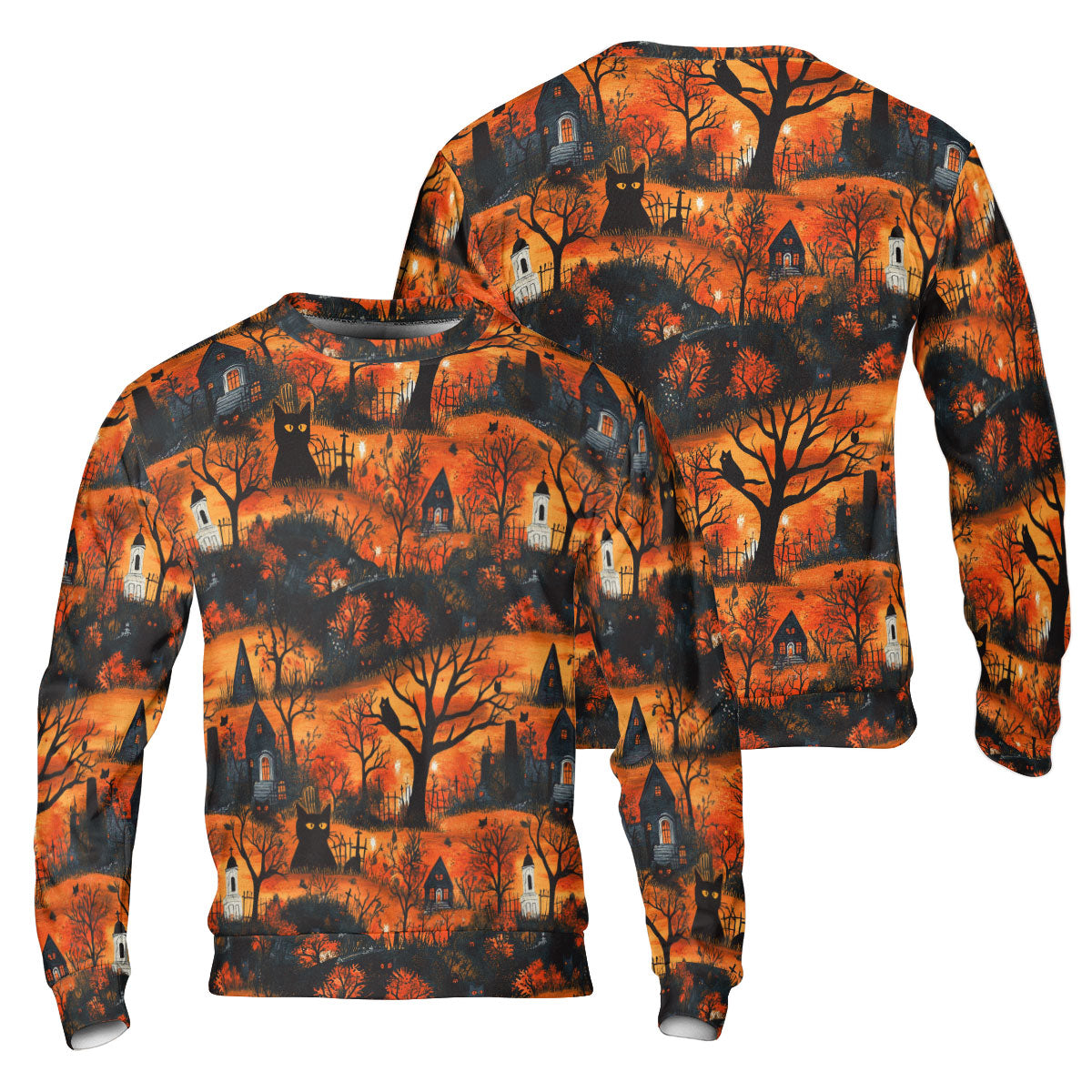 Cat & Castle Silhouette Halloween Pattern Sweatshirt - HYPERFAVOR