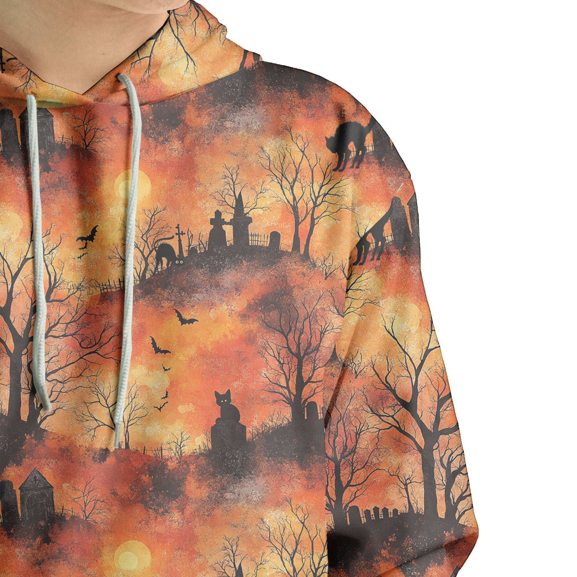 Cat Graveyard Orange Halloween Pattern Hoodie - HYPERFAVOR