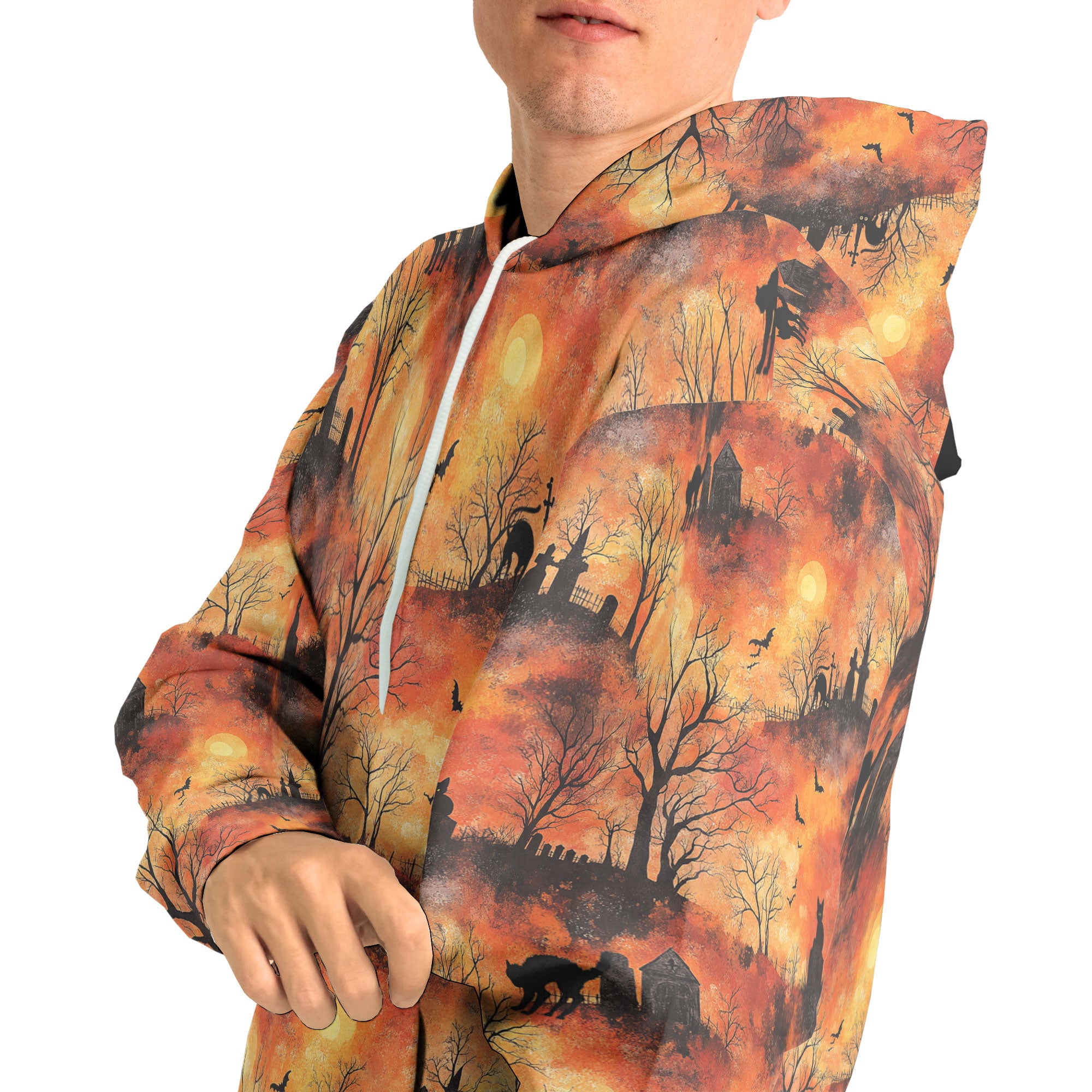 Cat Graveyard Orange Halloween Pattern Hoodie - HYPERFAVOR