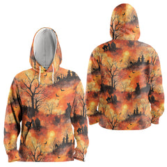 Cat Graveyard Orange Halloween Pattern Hoodie - HYPERFAVOR