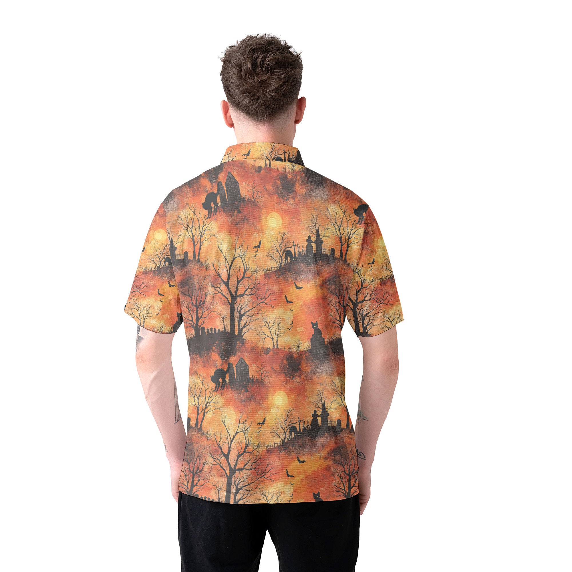 Cat Graveyard Orange Halloween Pattern Polo Shirt - HYPERFAVOR