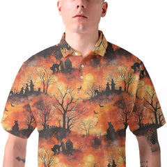 Cat Graveyard Orange Halloween Pattern Polo Shirt - HYPERFAVOR