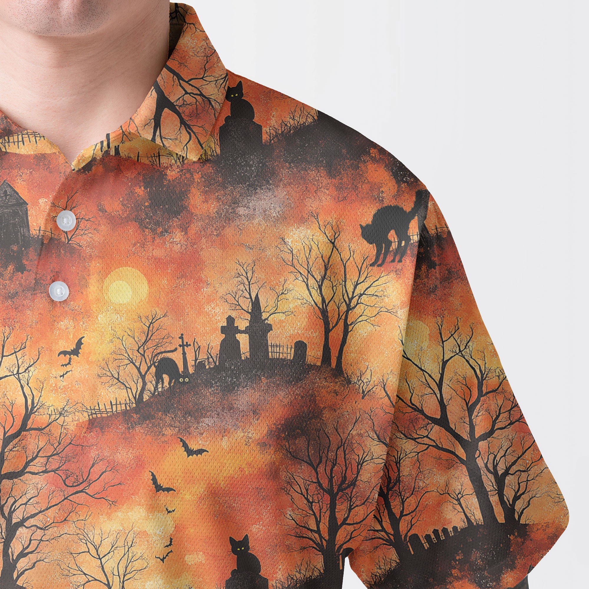 Cat Graveyard Orange Halloween Pattern Polo Shirt - HYPERFAVOR