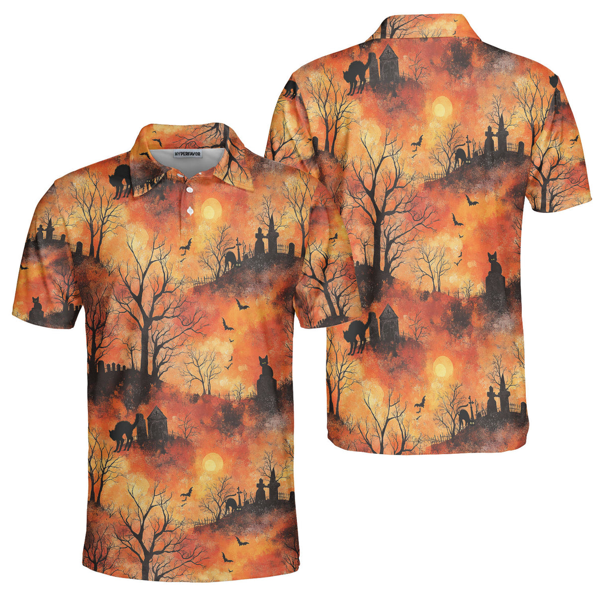 Cat Graveyard Orange Halloween Pattern Polo Shirt - HYPERFAVOR