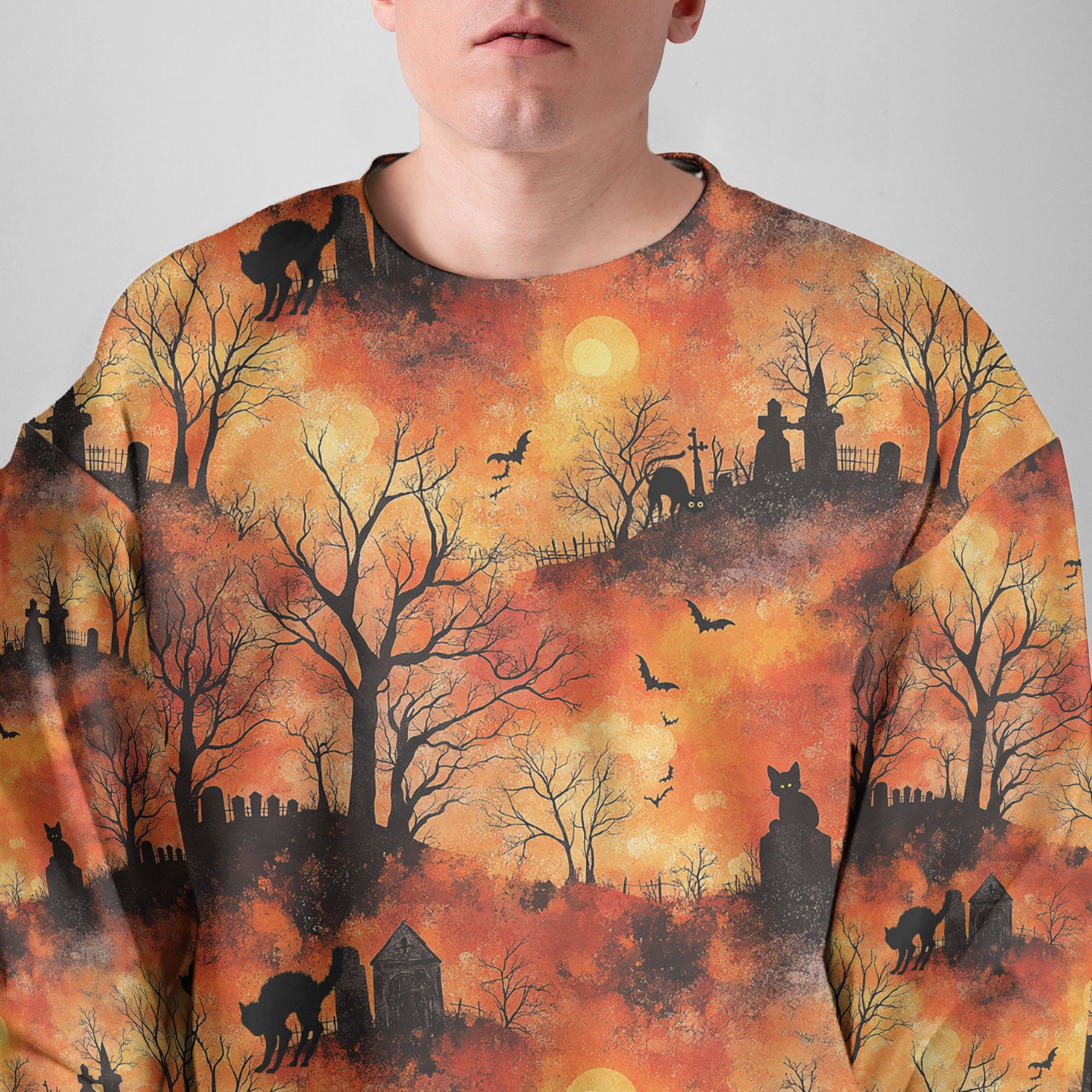 Cat Graveyard Orange Halloween Pattern Sweatshirt - HYPERFAVOR