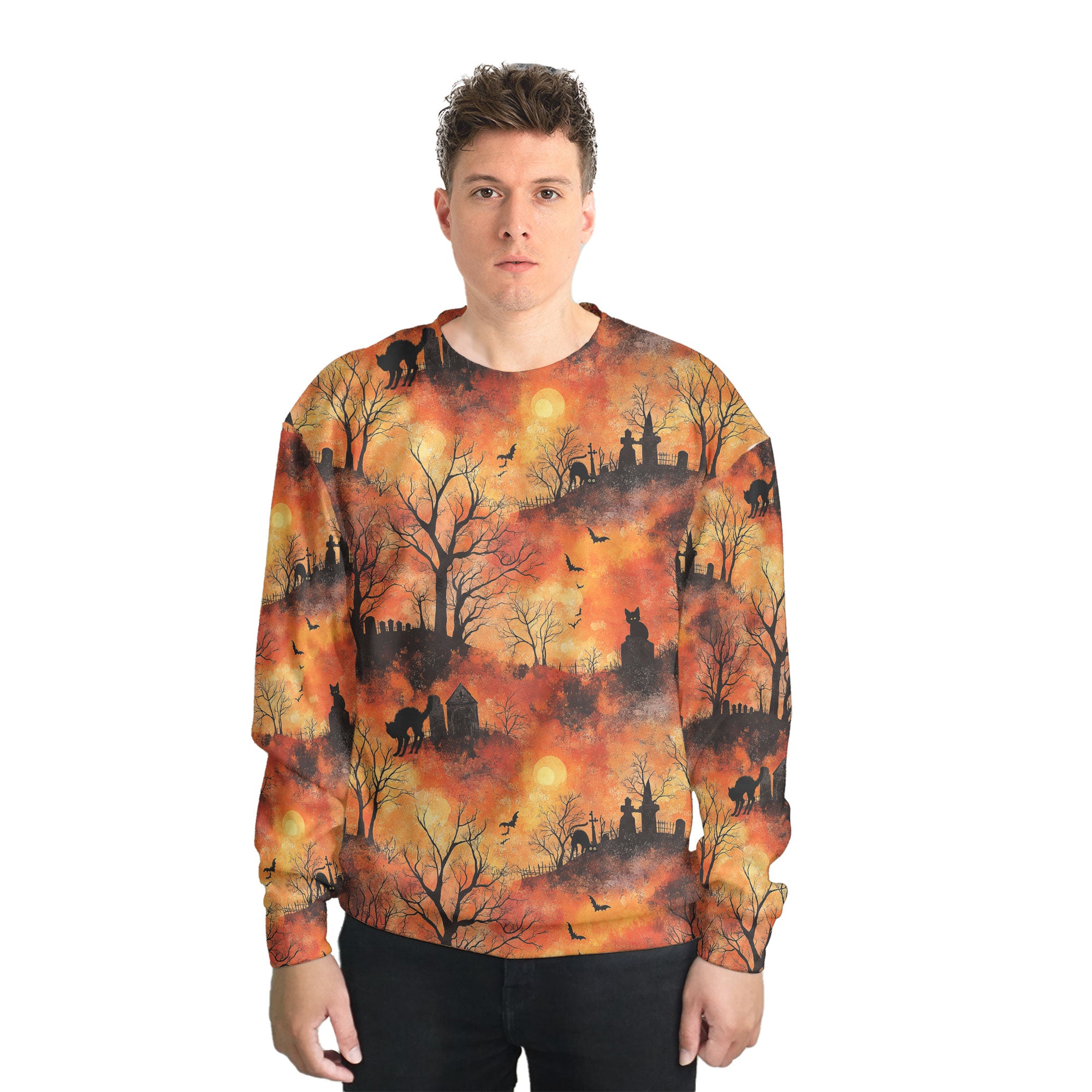 Cat Graveyard Orange Halloween Pattern Sweatshirt - HYPERFAVOR