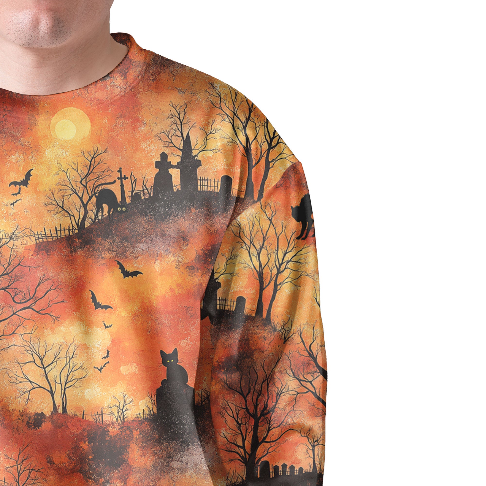 Cat Graveyard Orange Halloween Pattern Sweatshirt - HYPERFAVOR