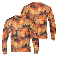 Cat Graveyard Orange Halloween Pattern Sweatshirt - HYPERFAVOR