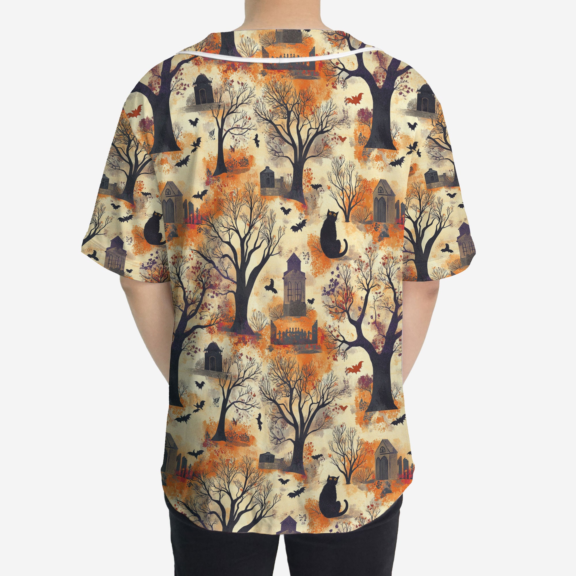 Cat And Graveyard Halloween Pattern Baseball Jersey - HYPERFAVOR