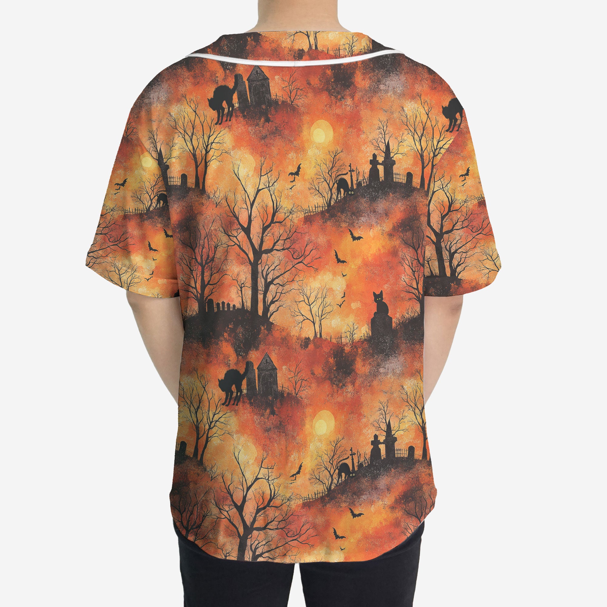 Cat Graveyard Orange Halloween Pattern Baseball Jersey - HYPERFAVOR