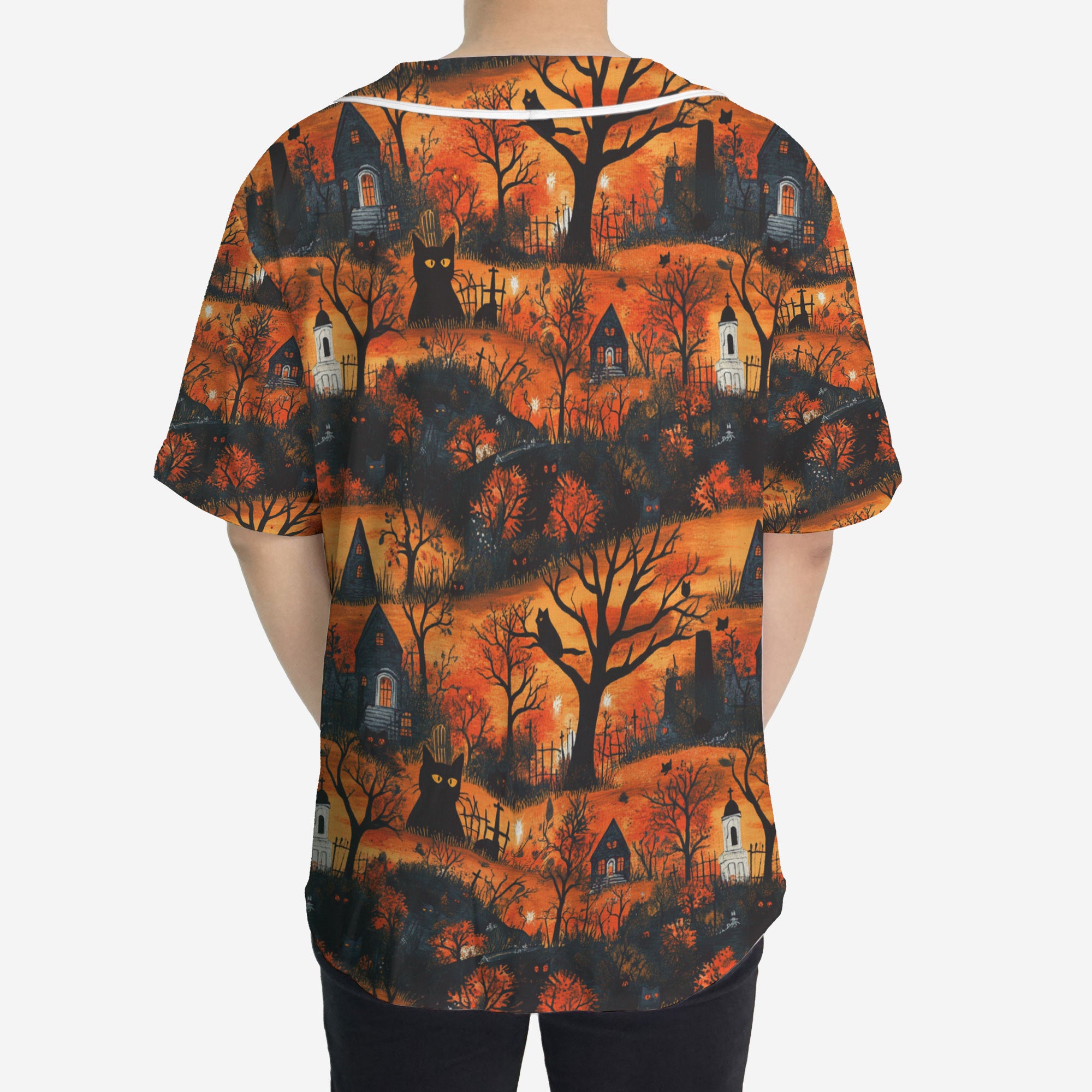 Cat & Castle Silhouette Halloween Pattern Baseball Jersey - HYPERFAVOR