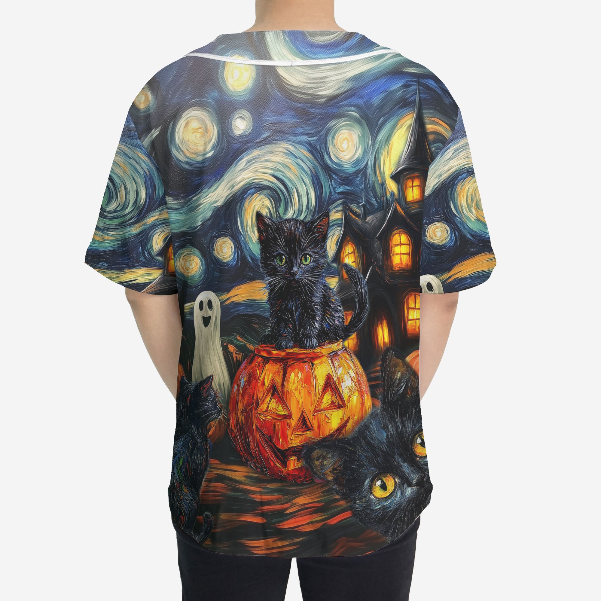 Black Cat Halloween Style Van Gogh Baseball Jersey - HYPERFAVOR